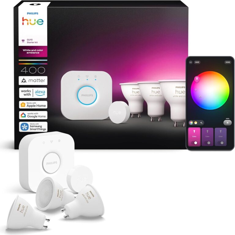 Philips Hue Kit de démarrage : Bridge + 3 spots connectés GU10 + Smart Button